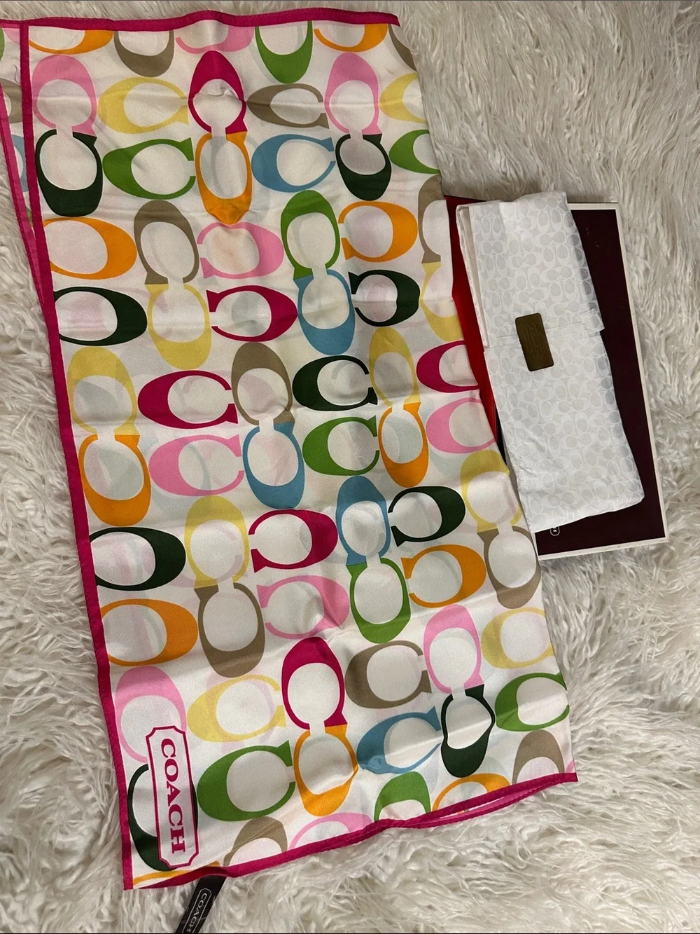 Vintage Coach Multicolor Signature Print Silk Scarf with Pink Trim new in box